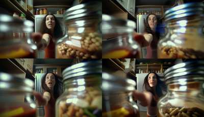 a woman standing in front of a large jar filled with food