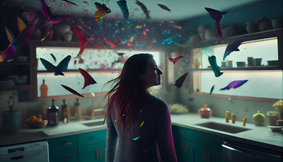 a woman standing in a kitchen surrounded by butterflies