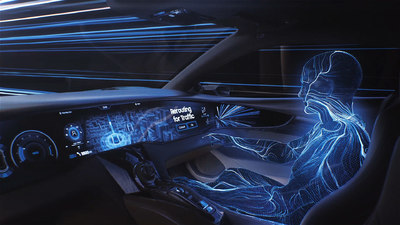 a car dashboard with a digital image of a person driving