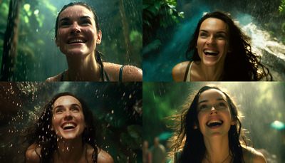 three pictures of a woman laughing in the rain