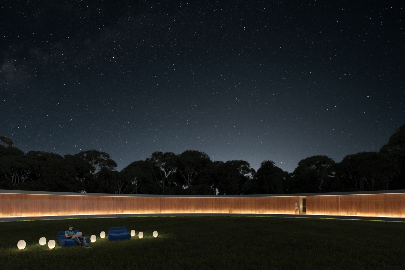 a night time view of a grassy field