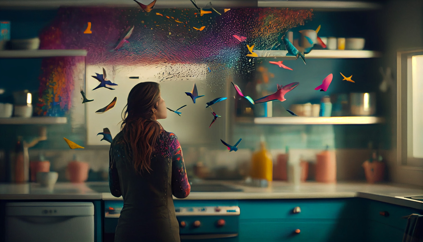 a woman standing in a kitchen looking at a wall of origami birds