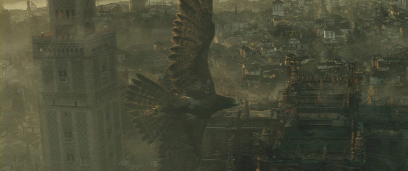 a bird flying over a city with tall buildings