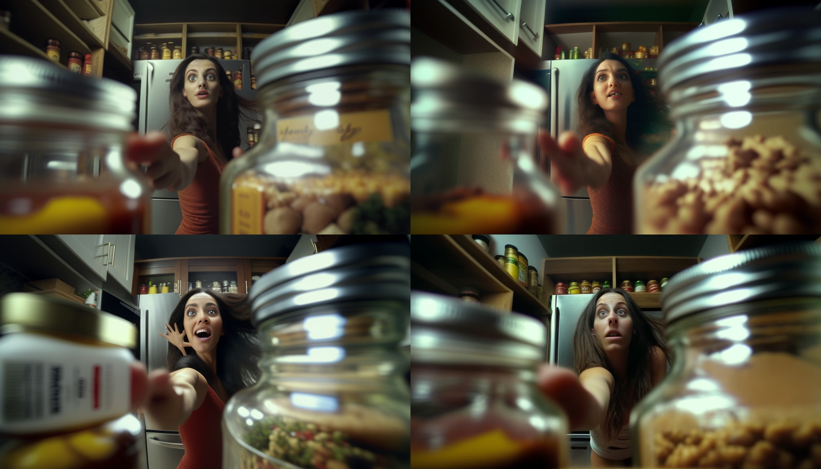 a woman standing in a kitchen surrounded by jars of food