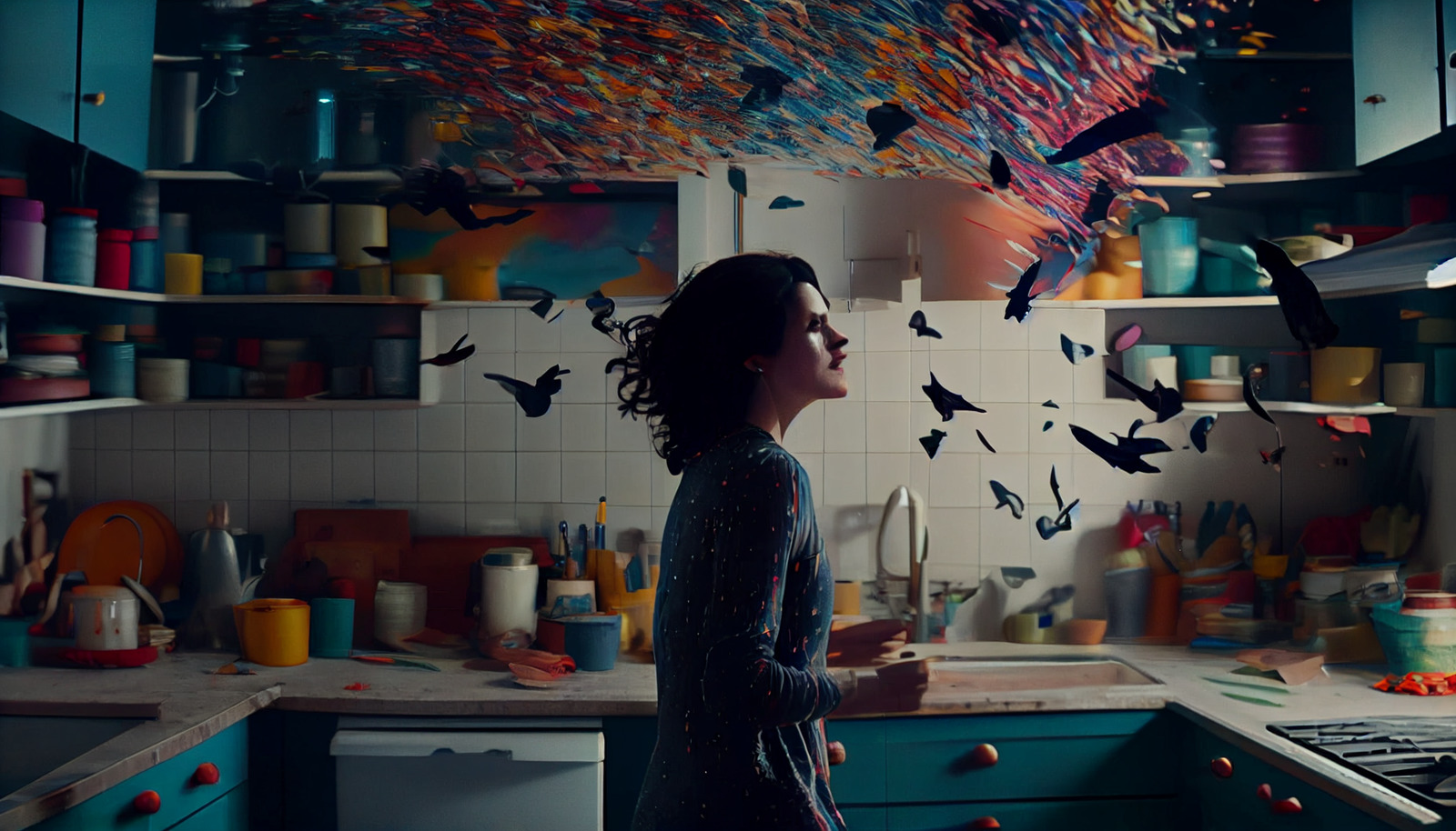 a woman standing in a kitchen surrounded by birds