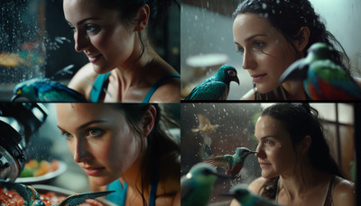 a collage of photos of a woman with a bird on her shoulder