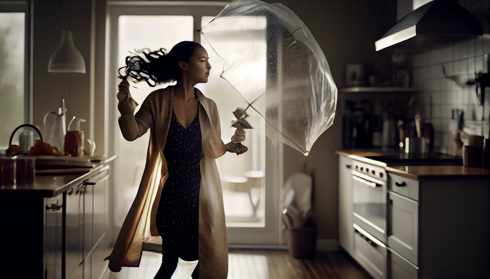 a woman standing in a kitchen holding an umbrella