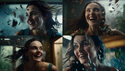 a collage of photos of a woman in the rain