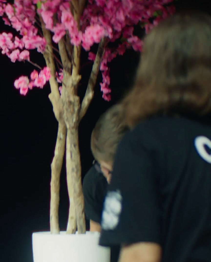 a woman standing next to a pink tree