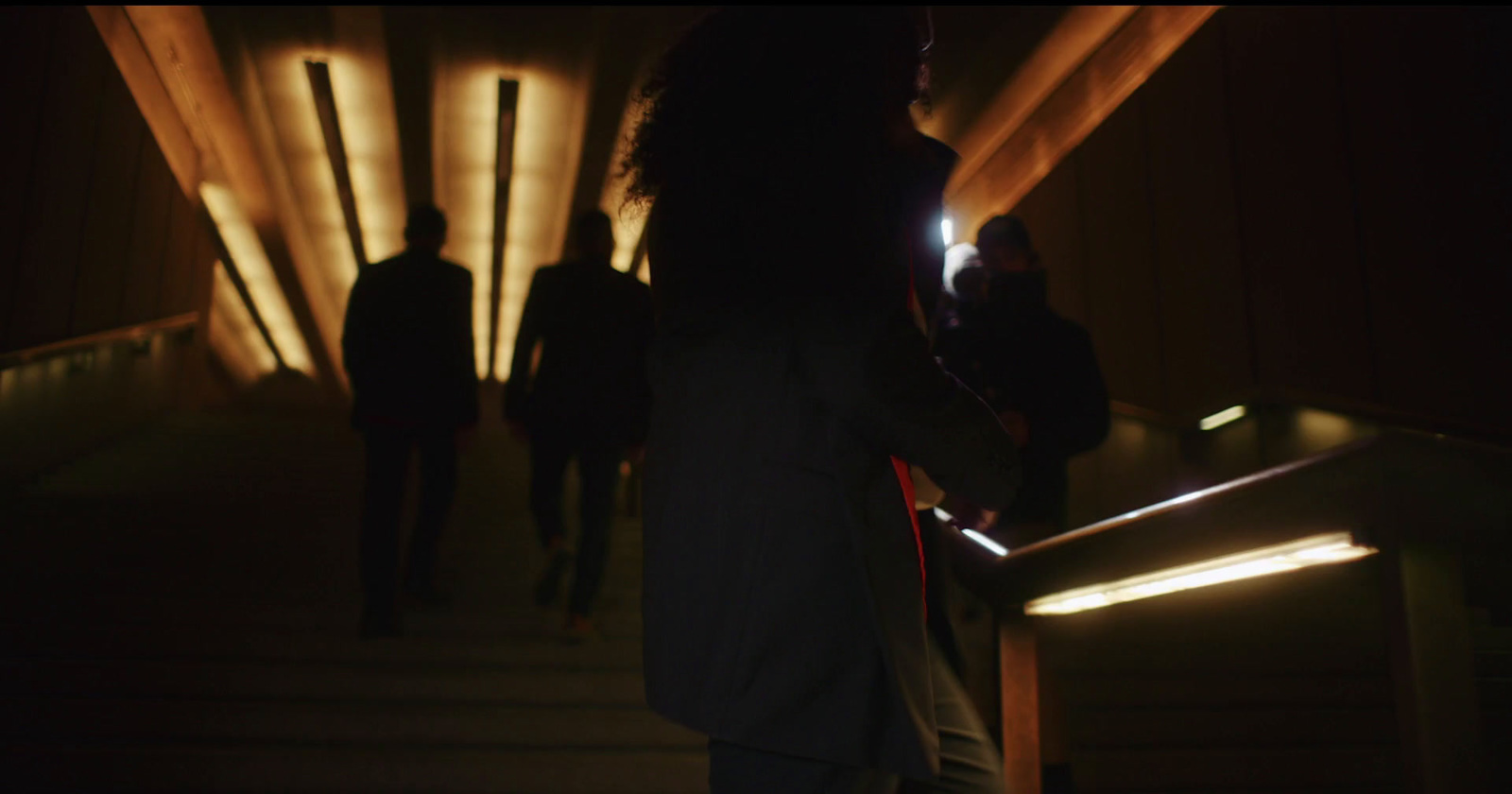 a group of people walking up a flight of stairs