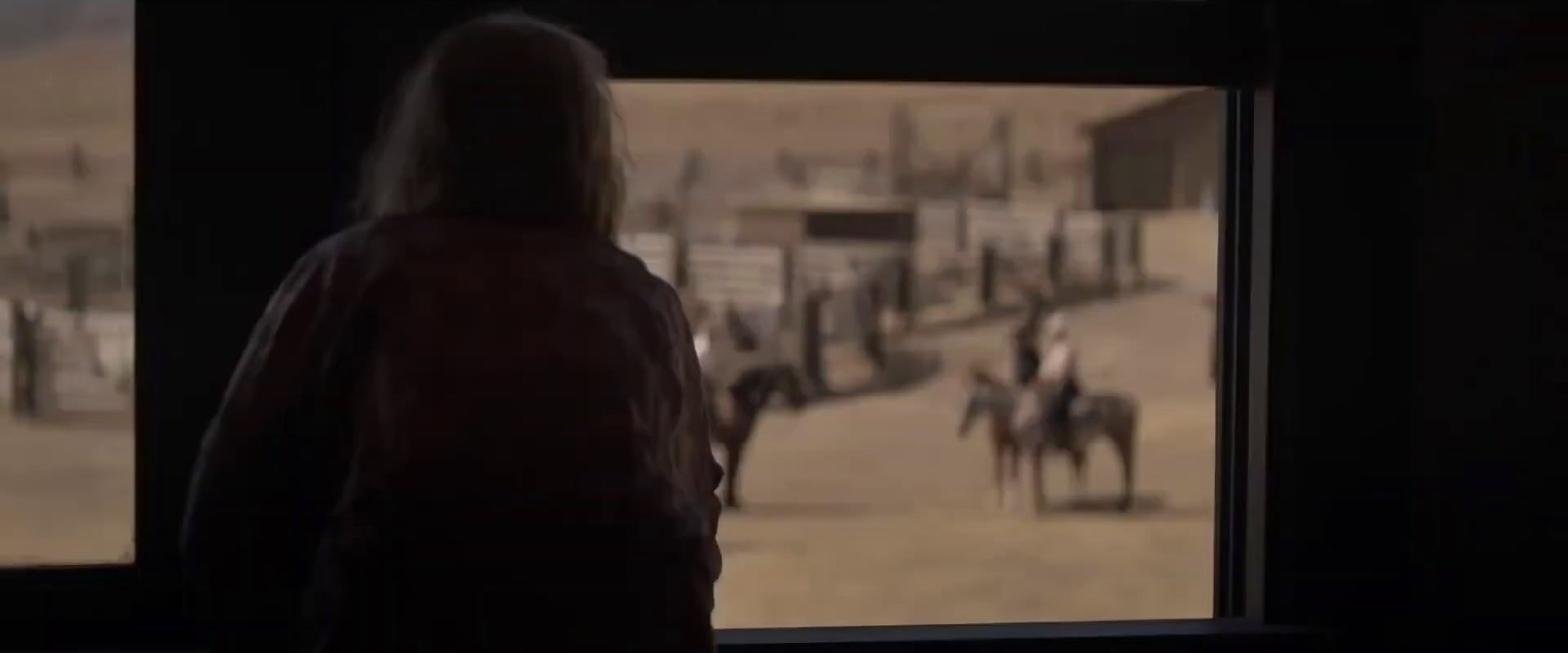 a woman standing in front of a window looking at horses