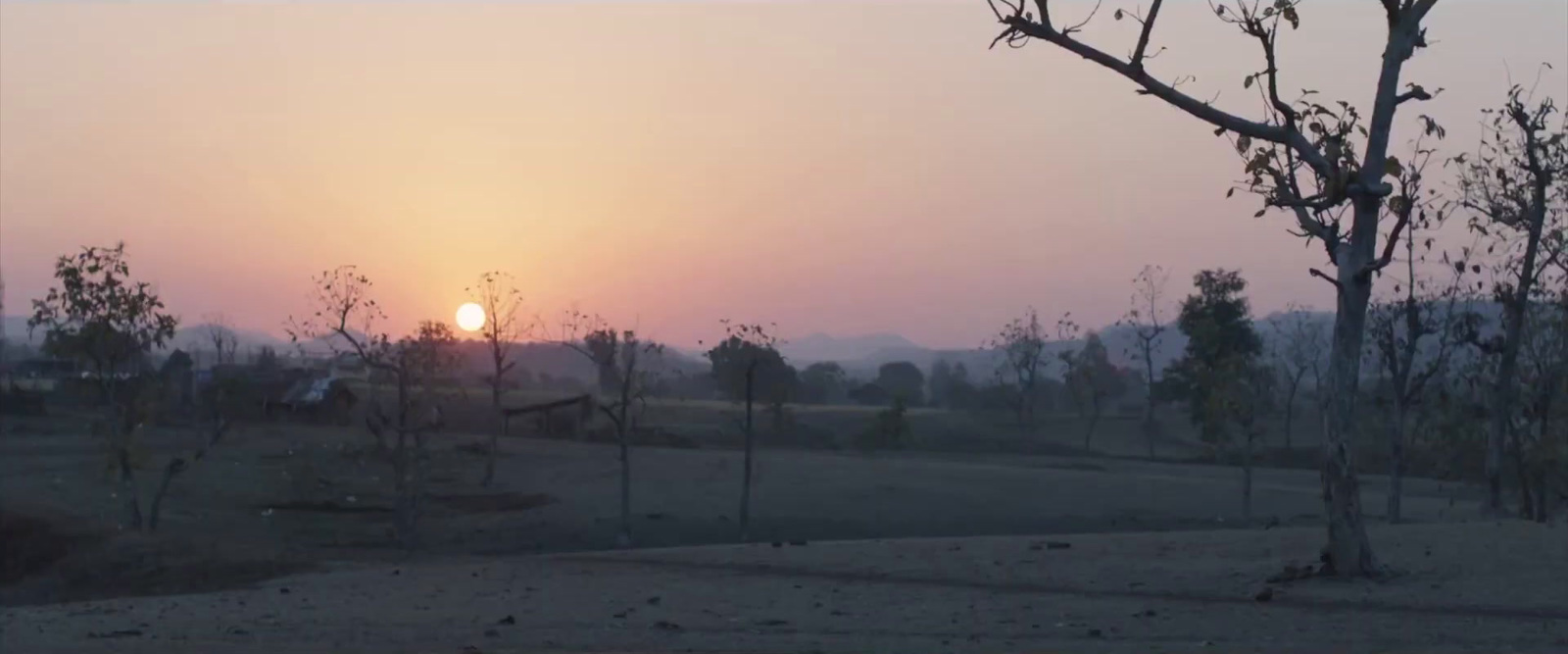 the sun is setting over a field with trees