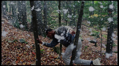 a man standing in the middle of a forest