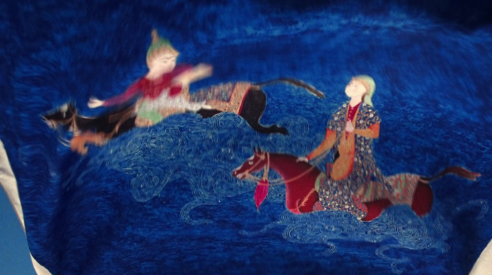 a painting of two women riding horses on a blue background