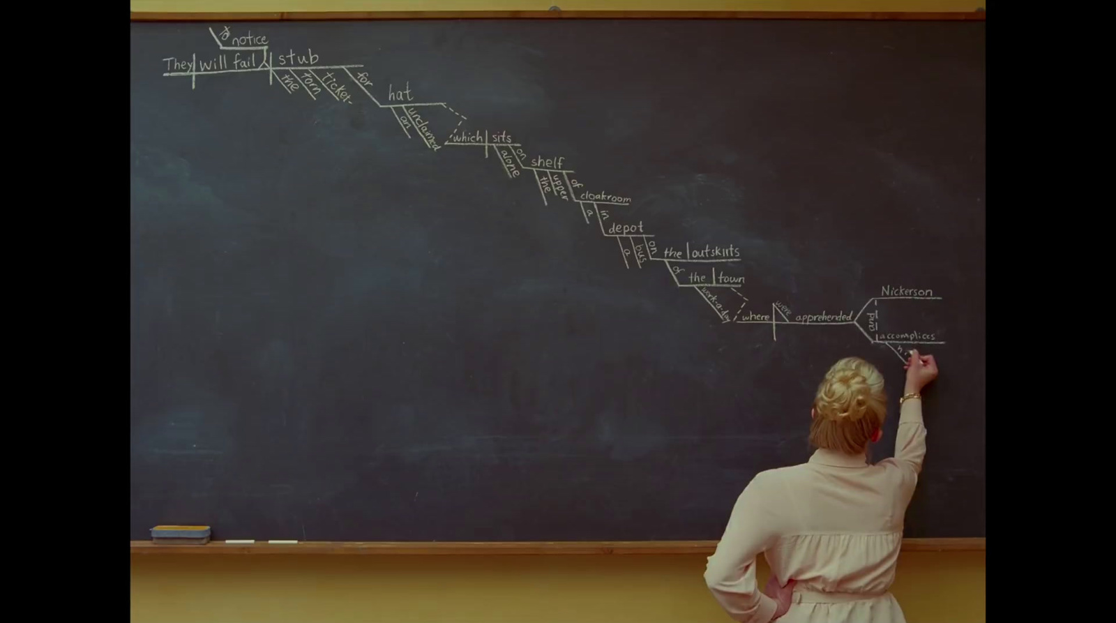 a woman writing on a blackboard with chalk