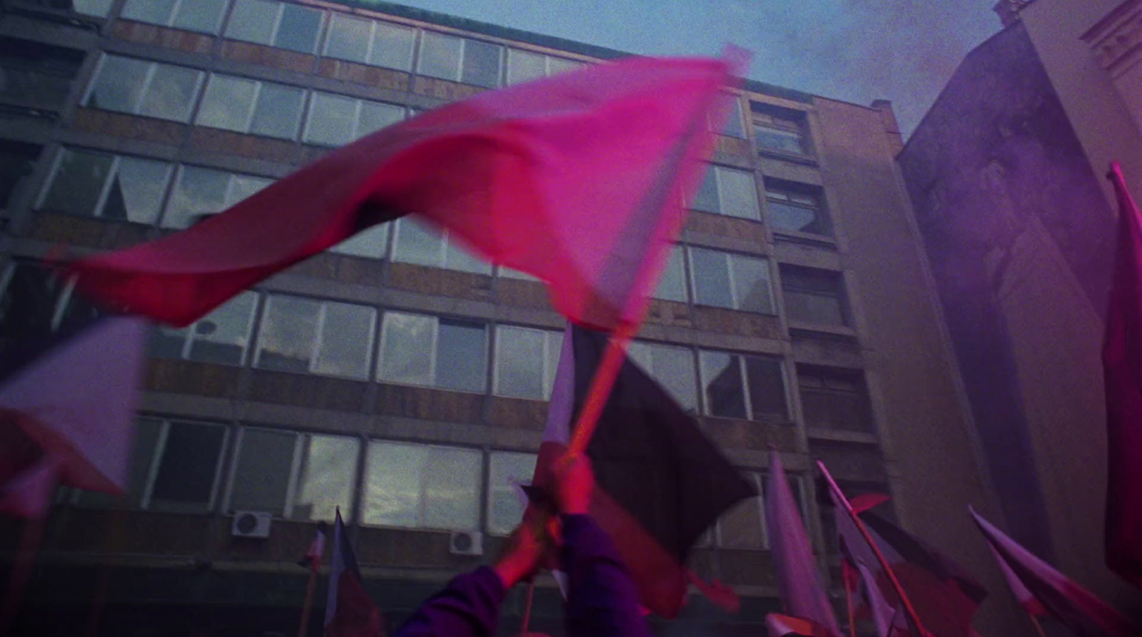 a group of people holding flags in front of a building