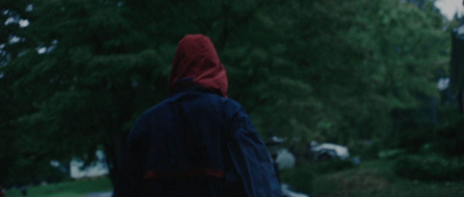 a person in a red hoodie walking down a street