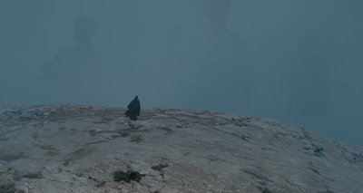 a black bird sitting on top of a snow covered hill