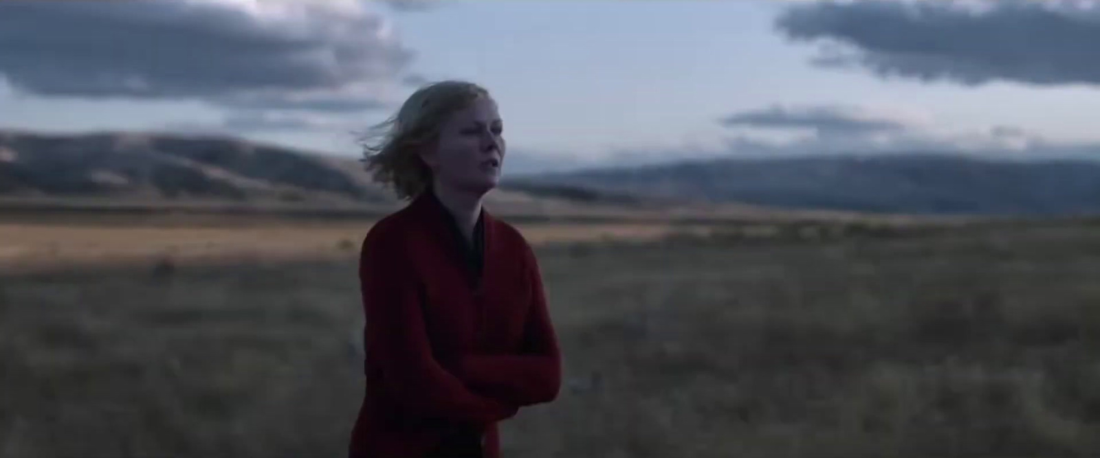 a woman standing in a field with mountains in the background