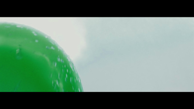 an inflatable green object with a sky background