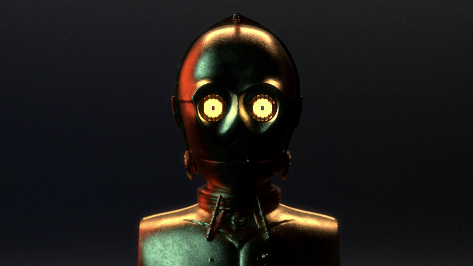 a robot with glowing eyes and a neck tie