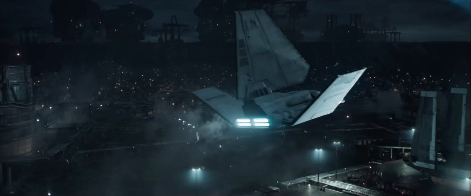 a sci - fi sci - fi fighter plane flying over a city at night