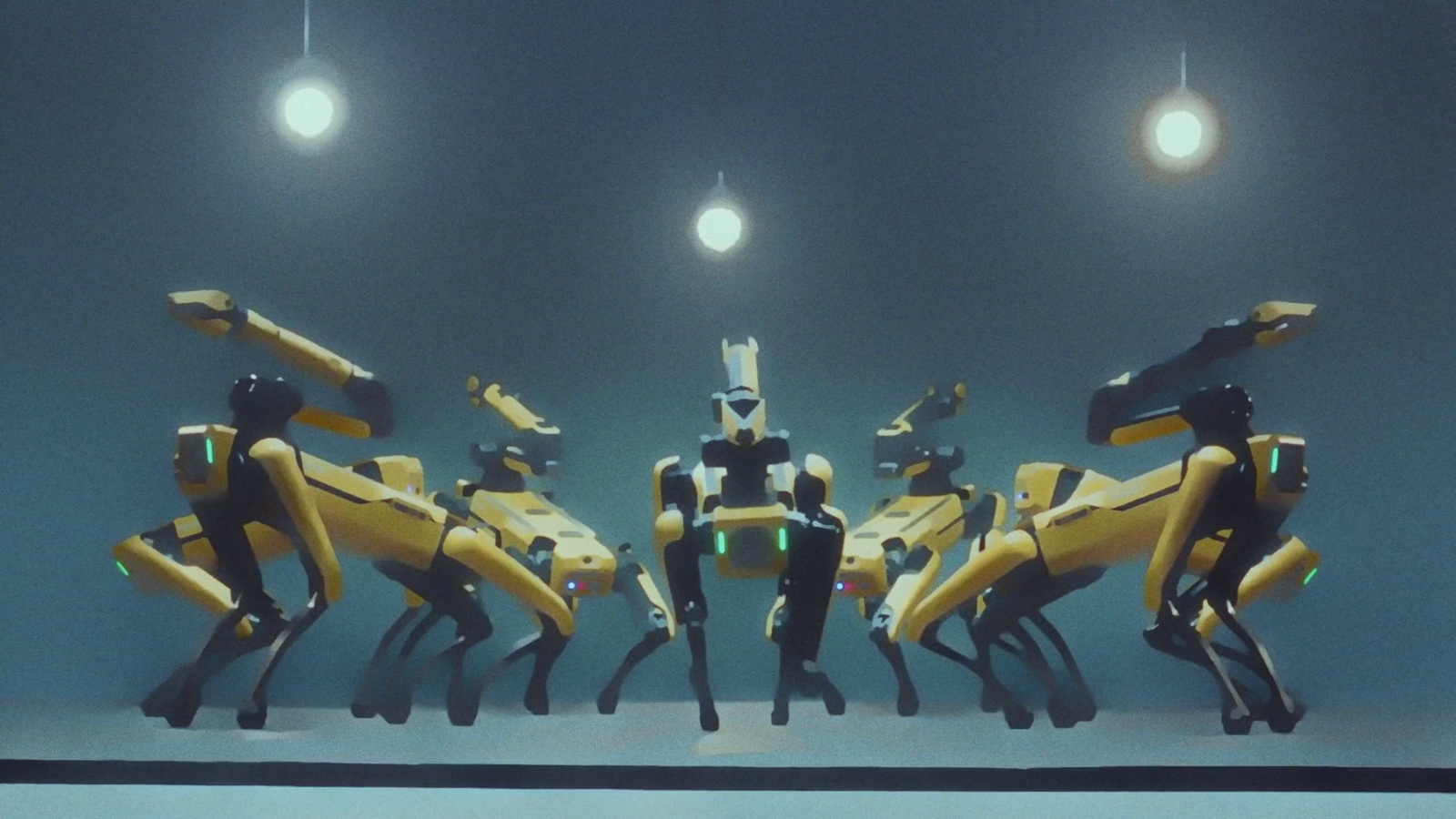 a group of robots standing in front of a blue background