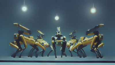 a group of robots standing in front of a blue background