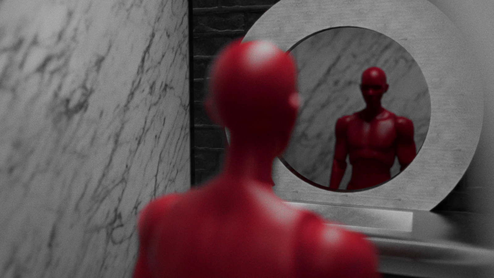 a red mannequin standing in front of a round mirror