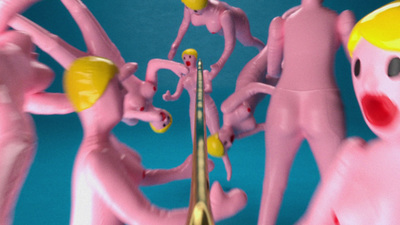 a group of pink figures standing next to each other