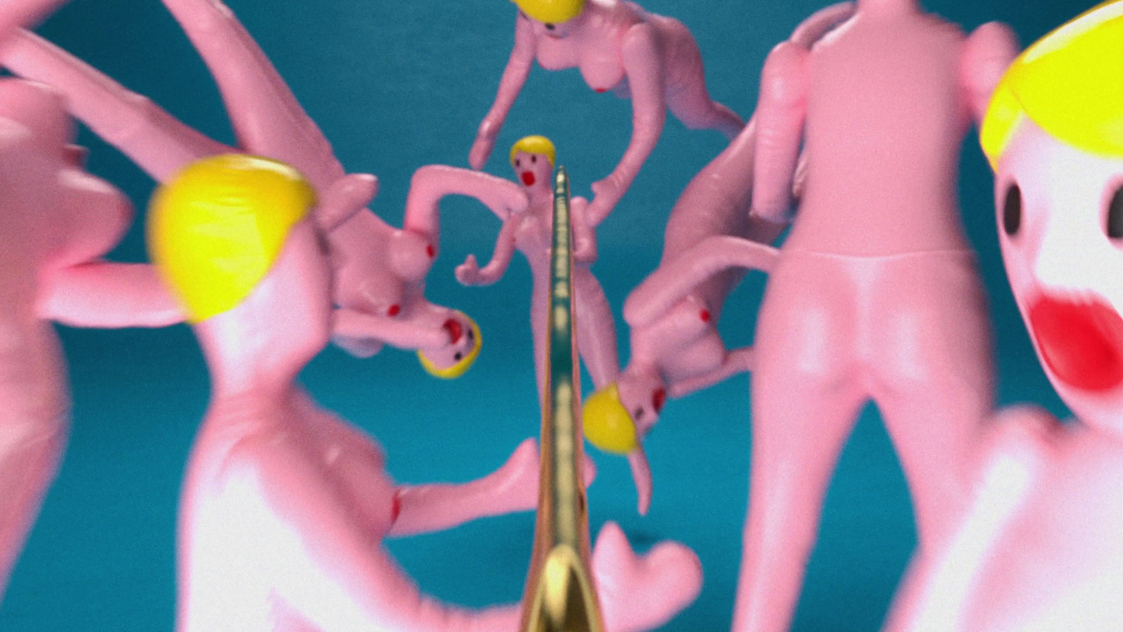 a group of pink and yellow figures with a toothbrush