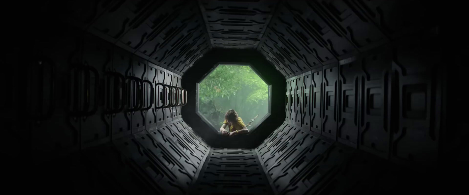 a person sitting in a dark tunnel with trees in the background