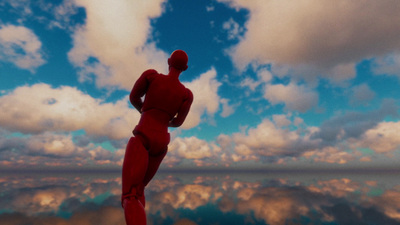 a man standing on top of a mountain with clouds in the background