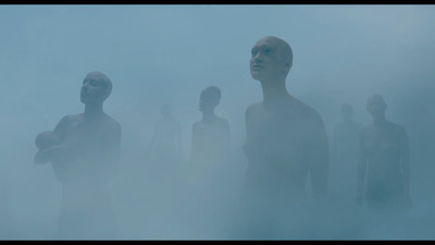 a group of people standing in a foggy area