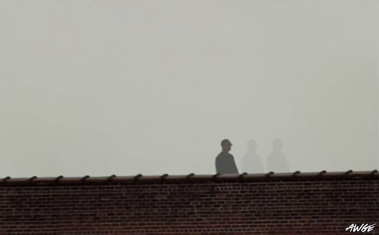 a couple of people standing on top of a brick building