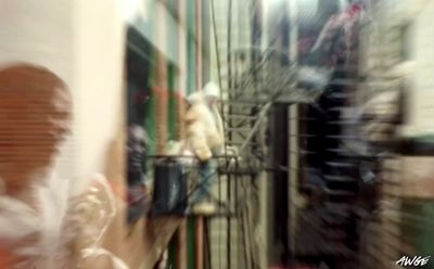 a blurry photo of a person sitting on a window sill