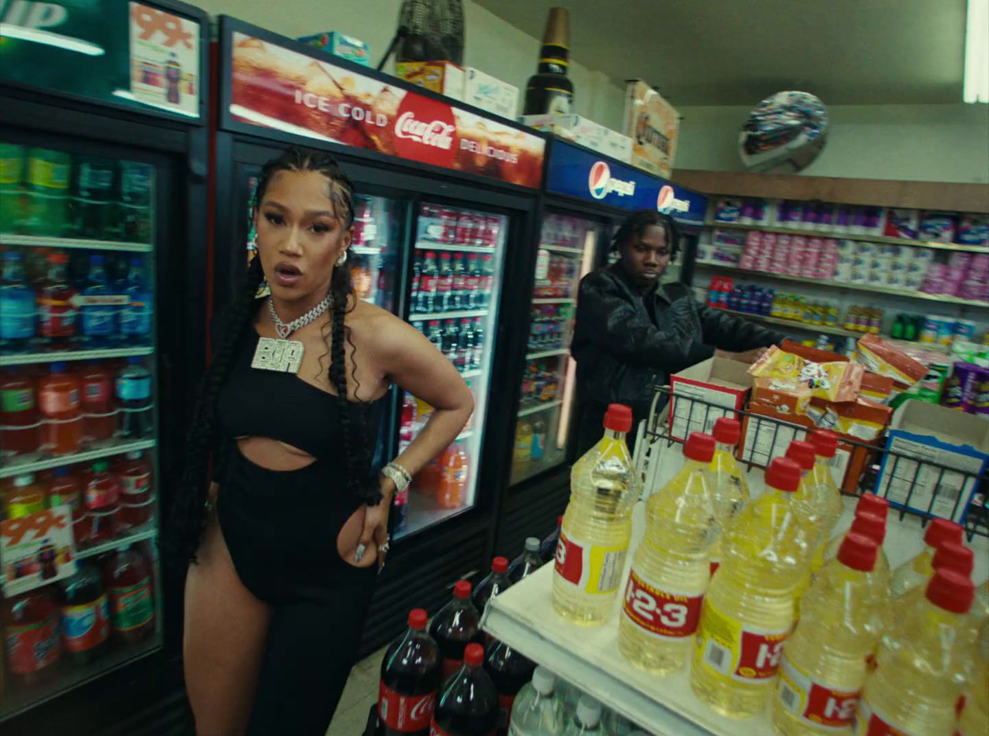 a woman standing in front of a vending machine