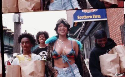 a collage of a woman in a bikini holding shopping bags