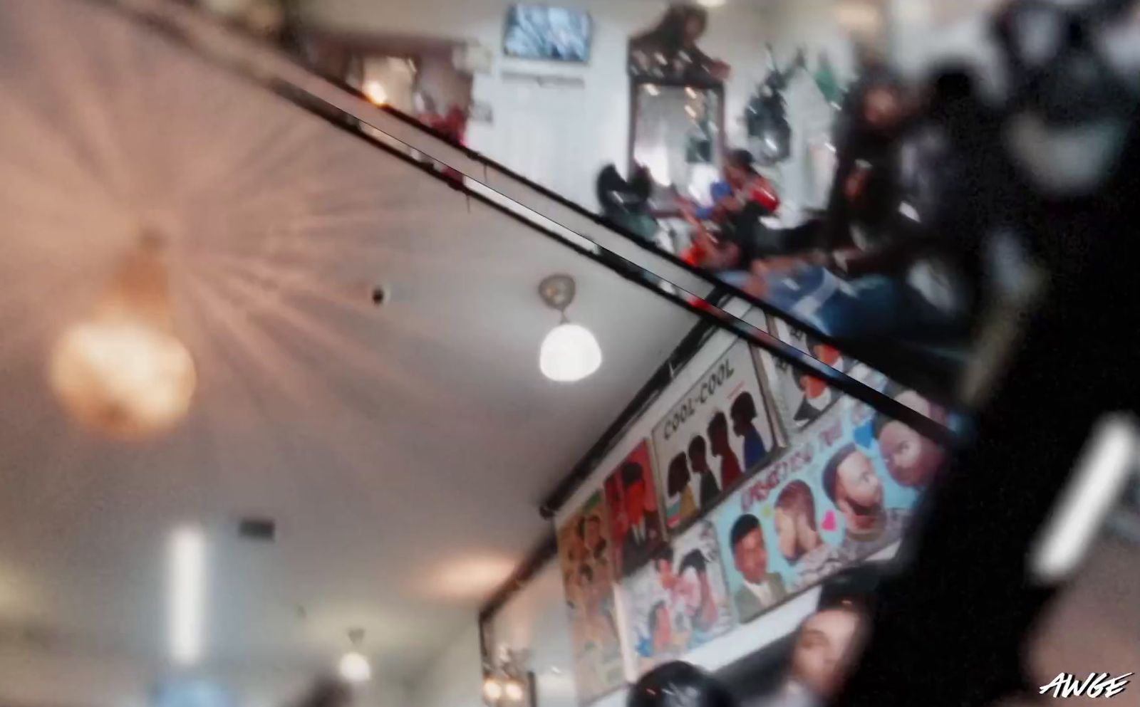 a blurry photo of a restaurant with people sitting at tables