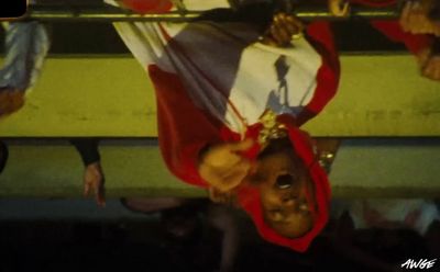 a man with a flag on his head hanging upside down