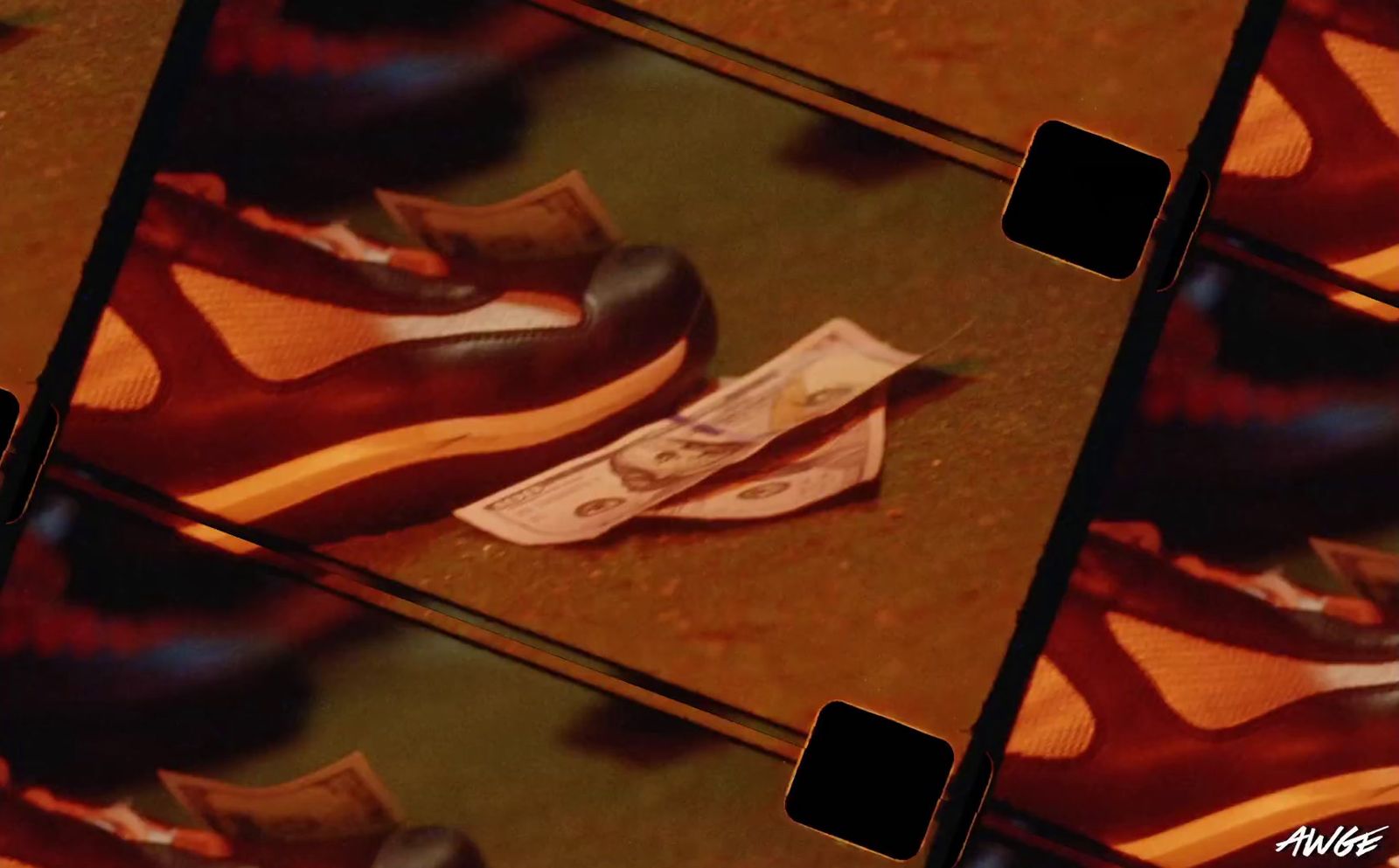 a pair of shoes sitting on top of a pile of money