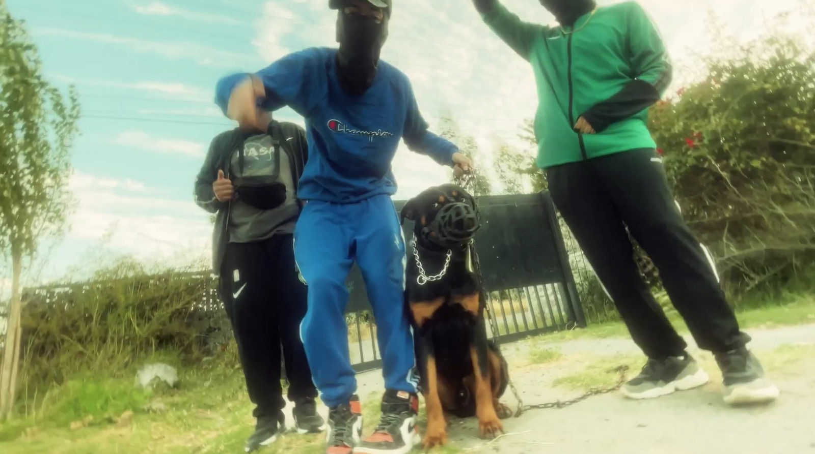 a group of people standing around a dog on a leash