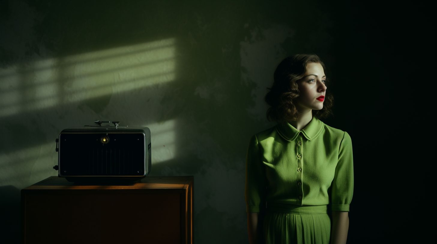 a woman in a green dress standing next to a radio