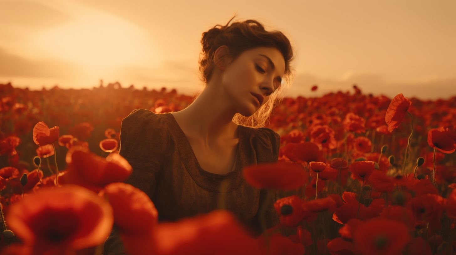 a woman standing in a field of red flowers