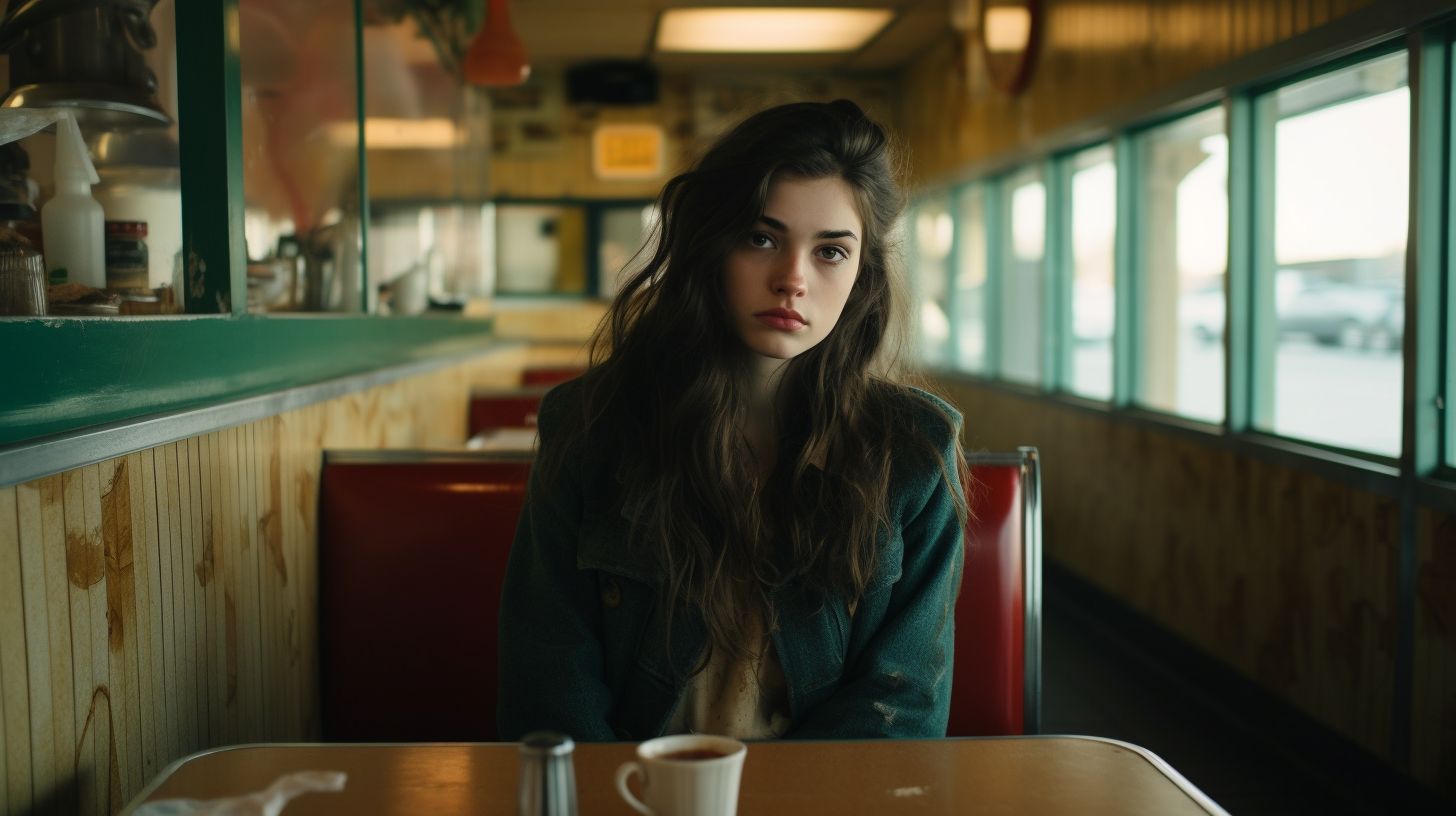 a woman sitting at a table in a diner