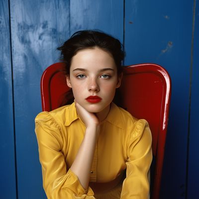 a woman sitting in a red chair with her hand on her chin