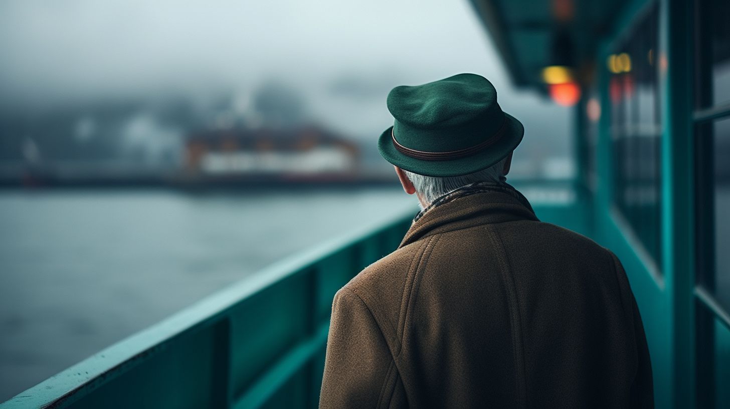 a man standing on a boat looking out at the water