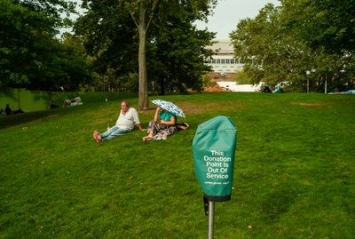 a couple of people sitting on top of a lush green field