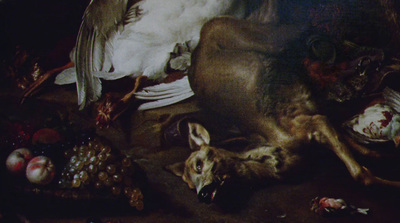 a painting of a dog and a bird on a table