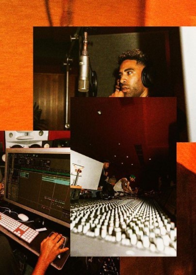 a collage of a man in a recording studio